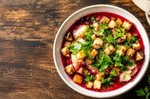 Wegańska botwinka z tofu i ziemniakami